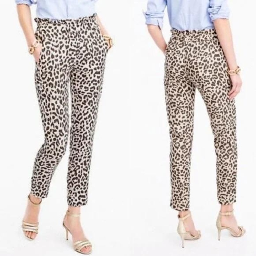 J.Crew Women's Size 0 Ruffle Waist Leopard Print Linen Blend Crop Pants